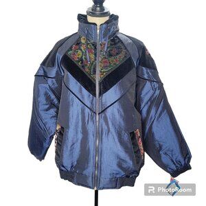 Deadstock Vintage 80s Iridescent Metallic Blue Floral Puffer Jacket